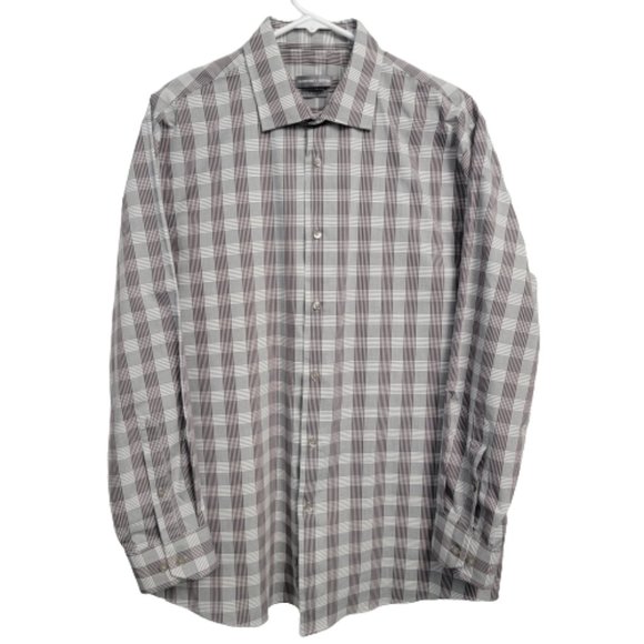 Geoffrey Beene Plaid Button Up Long Sleeve Flex Collar Gray White 16-16  1/2 - Picture 2 of 10